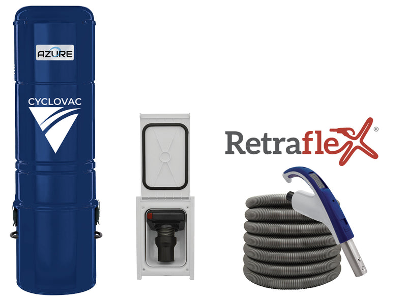 Cyclovac "Azure" hybrid central vacuum with 1 Retraflex retractable hose, inlet, attachments and the installation kit