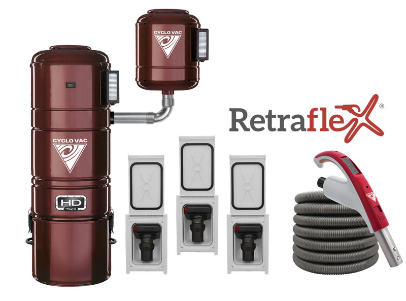 Cyclovac Combo Retraflex - Central vacuum HD7525 with 3 Retraflex retractable hose inlet including attachments and the installation kit