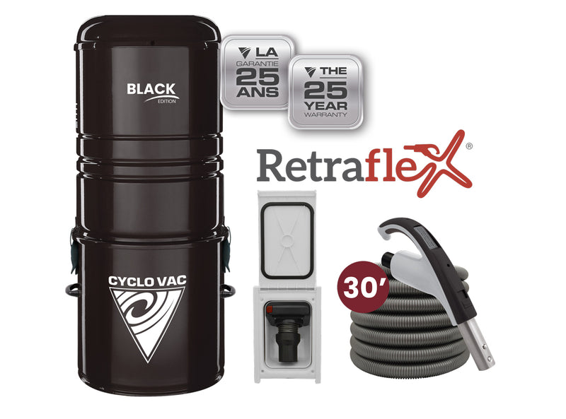 Cyclovac Combo Retraflex - Central Vacuum GS125 Black Edition with bag with 1 inlet of Retraflex, Speedyflex retractable hose, with attachments and the installation kit